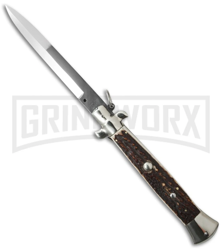A.G.A. Campolin 15" Italian Stiletto Stag / Ring Pull Automatic Knife - Bayo 1 A.G.A. Campolin 15" Italian Stiletto Stag / Ring Pull Automatic Knife - Bayo