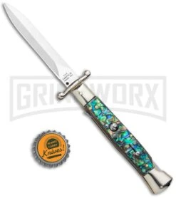 AGA 9" Italian Stiletto Swinguard Abalone Automatic Lockback Knife - Dagger -Automatic Knives Shop AGA 11in Italian Stiletto Swinguard Abalone Auto Dagger GX 36952 jr bottlecap large