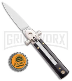 AGA 6" Lever Lock Ebony Wood Automatic Knife W/Cross Bolsters - Polish Plain -Automatic Knives Shop AGA 6in LL Ebony Wood Auto Cross Bolsters Satin BHQ 177247 jr bottlecap large