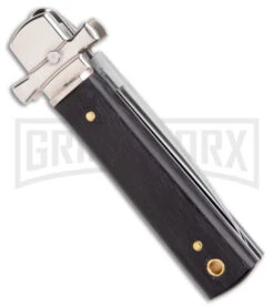 AGA 6" Lever Lock Ebony Wood Automatic Knife W/Cross Bolsters - Polish Plain -Automatic Knives Shop AGA 6in LL Ebony Wood Auto Cross Bolsters Satin BHQ 177247 jr side large