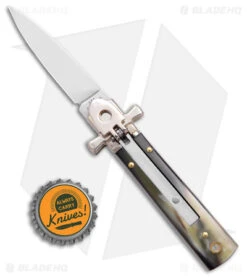 AGA 6" Lever Lock Automatic Italian Knife Horn W/Cross Bolsters (2.5" Satin) 7 AGA 6" Lever Lock Automatic Italian Knife Horn W/Cross Bolsters (2.5" Satin) -Automatic Knives Shop AGA 6in LL Horn Auto Cross Bolsters Satin BHQ 177246 jr bottlecap