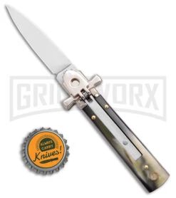 AGA 6" Lever Lock Horn Automatic Knife W/Cross Bolsters - Satin Plain -Automatic Knives Shop AGA 6in LL Horn Auto Cross Bolsters Satin BHQ 177246 jr bottlecap large