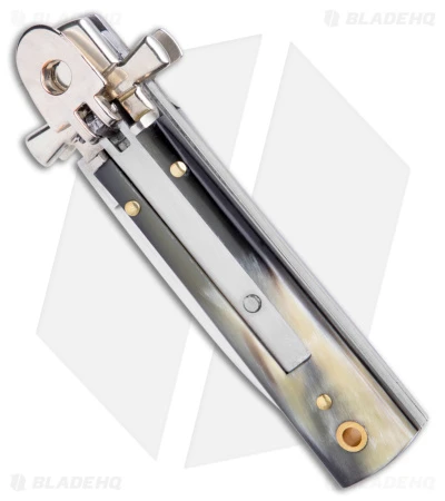 AGA 6" Lever Lock Automatic Italian Knife Horn W/Cross Bolsters (2.5" Satin) 2 AGA 6" Lever Lock Automatic Italian Knife Horn W/Cross Bolsters (2.5" Satin) - Image 2