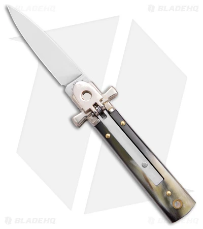 AGA 6" Lever Lock Automatic Italian Knife Horn W/Cross Bolsters (2.5" Satin) 1 AGA 6" Lever Lock Automatic Italian Knife Horn W/Cross Bolsters (2.5" Satin)