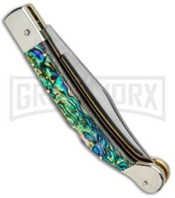 AGA Campolin Sahara Abalone Italian Stiletto Automatic Knife - Mirror Plain -Automatic Knives Shop AGA Camplin 9in Sahara Italian Stiletto LB Auto Abalone Mirror BHQ 90702 jr side large
