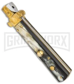 AGA Campolin 10" Brass/Dark Horn Italian Frosolone Automatic Knife - Bayonet -Automatic Knives Shop AGA Campolin 10in Brass Dark Horn Italian Frosolone Bayonet BP 29647 er spine large