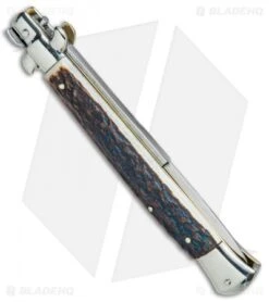 AGA Campolin 11" Picklock Automatic Italian Stiletto Stag (5" Satin) 2017 -Automatic Knives Shop AGA Campolin 11in Picklock Italian Stiletto Stag Horn Satin BHQ 78222 jr side