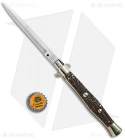 AGA Campolin 11" Picklock Automatic Italian Stiletto Stag Horn (5"Satin) 2018 -Automatic Knives Shop AGA Campolin 11in picklock Stilletto Stag Horn BHQ 67468 jr bottlecap 2