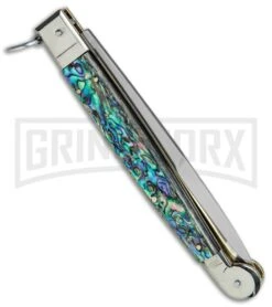 A.G.A. Campolin 9" Abalone Sicilian Ring Pull Automatic Knife - Bayonet -Automatic Knives Shop AGA Campolin 12in Sicilian Lever Lock Ring Pull Abalone Bayonet BP 27798 jr side large