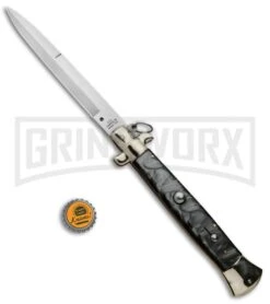 A.G.A. Campolin 18" Italian Stiletto Gray Ring Pull Automatic Knife - Bayo Satin -Automatic Knives Shop AGA Campolin 18in Italian Stiletto Silver Ring Pull Bayo BP 30462 jr bottlecap large