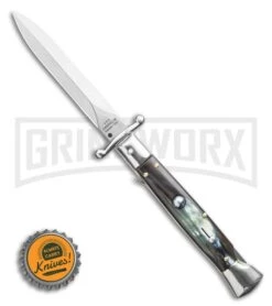 AGA Campolin 9" Stiletto Swinguard Brazilian Horn Automatic Knife - Dagger -Automatic Knives Shop AGA Campolin 9 Swinguard Automatic Knife Brazilian Horn 5.75 Satin Dagger BHQ 121424 LS Bottlecap large