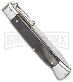 AGA Campolin 9" Stiletto Swinguard Brazilian Horn Automatic Knife - Dagger -Automatic Knives Shop AGA Campolin 9 Swinguard Automatic Knife Brazilian Horn 5.75 Satin Dagger BHQ 121424 LS Side large