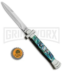 A.G.A. Campolin 9" Maltese Cross Abalone Stiletto Automatic Knife - Bayo Satin -Automatic Knives Shop AGA Campolin 9in Bayo Italian Stiletto Auto Abalone Satin BP 28947 jr bottlecap large