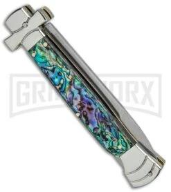 A.G.A. Campolin 9" Maltese Cross Abalone Stiletto Automatic Knife - Bayo Satin -Automatic Knives Shop AGA Campolin 9in Bayo Italian Stiletto Auto Abalone Satin BP 28947 jr side large