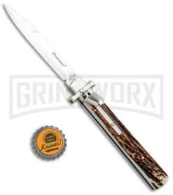 A.G.A. Campolin 9" Dominus Stag Leverlock Automatic Knife - Satin -Automatic Knives Shop AGA Campolin 9in Dominus LL Auto Stag Satin GO DOM23 HB BHQ 97992 jr bottlecap large