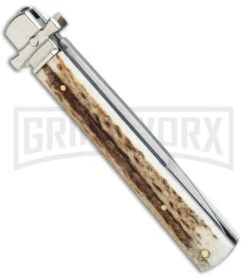 A.G.A. Campolin 9" Dominus Stag Leverlock Automatic Knife - Satin -Automatic Knives Shop AGA Campolin 9in Dominus LL Auto Stag Satin GO DOM23 HB BHQ 97992 jr side large