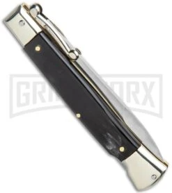 AGA Campolin 9" Italian Stiletto Swinguard Dark Horn Automatic Knife - Bayonet -Automatic Knives Shop AGA Campolin 9in Italian Stiletto Dark Horn Auto Bayo GX 11091 jr side large