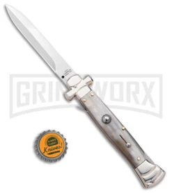 AGA Campolin 9" Maltese Cross Stiletto Horn Automatic Knife - Bayo Satin Plain -Automatic Knives Shop AGA Campolin 9in Maltese Cross Stiletto Auto Horn Bayo BHQ 177244 jr bottlecap large