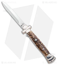 AGA Campolin 9" Maltese Cross Stiletto Automatic Knife Stag Horn (4" Polish)