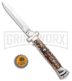 A.G.A. Campolin 9" Maltese Cross Stiletto Stag Automatic Knife - Bayonet Satin -Automatic Knives Shop AGA Campolin 9in Maltese Cross Stiletto Auto Stag Horn Bayo BHQ 50662 jr bottlecap large