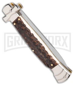 A.G.A. Campolin 9" Maltese Cross Stiletto Stag Automatic Knife - Bayonet Satin -Automatic Knives Shop AGA Campolin 9in Maltese Cross Stiletto Auto Stag Horn Bayo BHQ 50662 jr side large