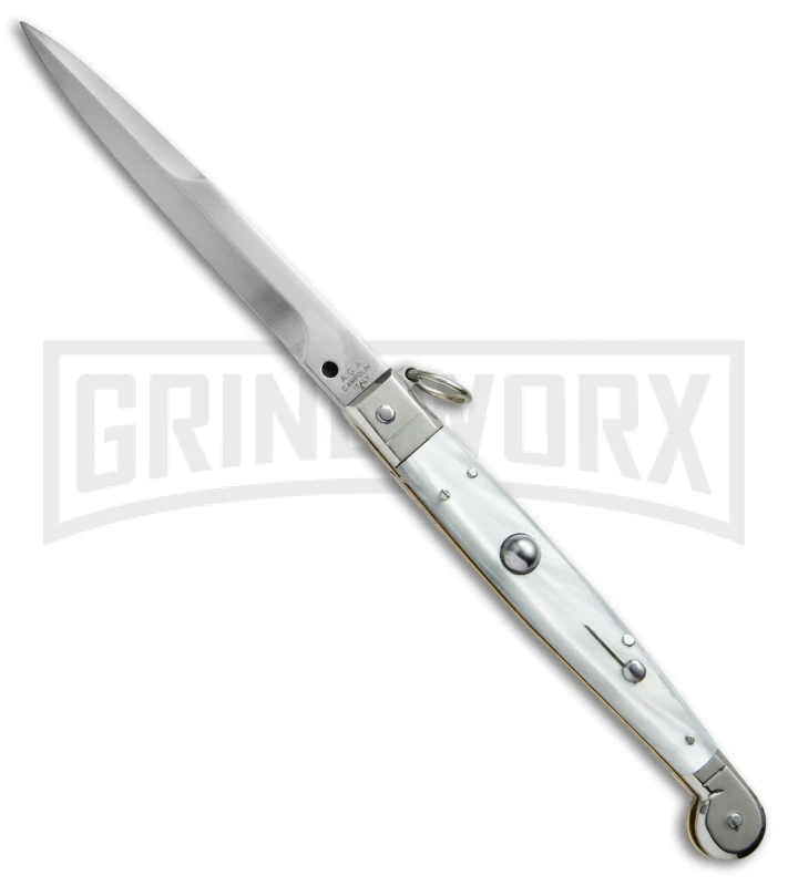 A.G.A. Campolin 9" Sicilian Ring Pull White Pearlex Automatic Knife - Bayonet 2 A.G.A. Campolin 9" Sicilian Ring Pull White Pearlex Automatic Knife - Bayonet - Image 2