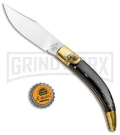 AGA Campolin Diana Dark Horn Lever Lock Automatic Brass - 3.75" Satin -Automatic Knives Shop AGA Campolin Diana LL Auto Brass Dark Horn Satin BHQ 135443 jr bottlecap large