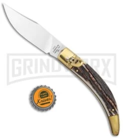 AGA Campolin Diana Stag Horn Lever Lock Automatic Brass - 3.75" Satin -Automatic Knives Shop AGA Campolin Diana LL Auto Brass Stag Horn Satin BHQ 135442 jr bottlecap large