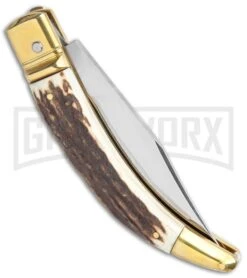 AGA Campolin Diana Stag Horn Lever Lock Automatic Brass - 3.75" Satin -Automatic Knives Shop AGA Campolin Diana LL Auto Brass Stag Horn Satin BHQ 135442 jr side large