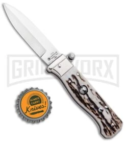AGA Campolin Piccolo Stag Italian Automatic Knife - Satin Plain -Automatic Knives Shop AGA Campolin Piccolo Italian Stiletto Auto Stag Satin BHQ 94619 jr bottlecap large