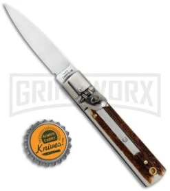 AGA 6" Mini Classic Lever Lock Stag Automatic Knife - Satin Plain -Automatic Knives Shop AGA Classic 6in LL Auto Italian Stag Satin GX 36958 jr bottlecap large