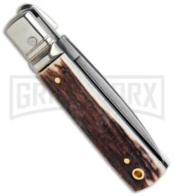 AGA 6" Mini Classic Lever Lock Stag Automatic Knife - Satin Plain -Automatic Knives Shop AGA Classic 6in LL Auto Italian Stag Satin GX 36958 jr side large