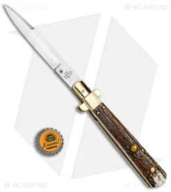 AGA Campolin 11" Frosolone Bayonet Stiletto Auto Knife Stag/Brass (5" Satin) -Automatic Knives Shop AGA Frosolone Stag Brass 11in Bayo BP 29297 jr bottlecap