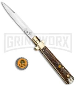 AGA Campolin 11" Frosolone Stag/Brass Stiletto Automatic Knife - Bayonet -Automatic Knives Shop AGA Frosolone Stag Brass 11in Bayo BP 29297 jr bottlecap large