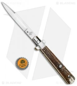 AGA Campolin 11" Frosolone Bayonet Stiletto Automatic Knife Stag (5" Satin) -Automatic Knives Shop AGA Frosolone Stag Nickel 11in Bayo BP 29296 jr bottlecap