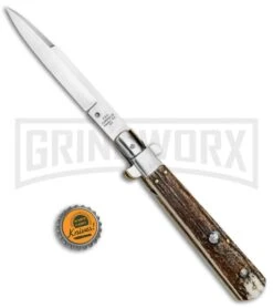 AGA Campolin 11" Frosolone Stag Stiletto Automatic Knife - Bayonet -Automatic Knives Shop AGA Frosolone Stag Nickel 11in Bayo BP 29296 jr bottlecap large