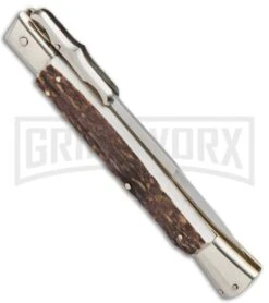 AGA Campolin 13" Stiletto Bat Swinguard Stag Horn Automatic Knife - Bayonet -Automatic Knives Shop aga 13 stag bat swing bayo side large