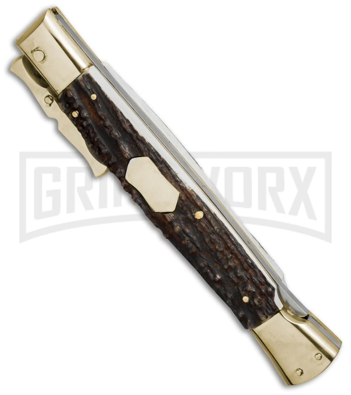 AGA Campolin 13" Stiletto Brass Bat Swinguard Stag Horn Automatic Knife - Dagger 2 AGA Campolin 13" Stiletto Brass Bat Swinguard Stag Horn Automatic Knife - Dagger - Image 2