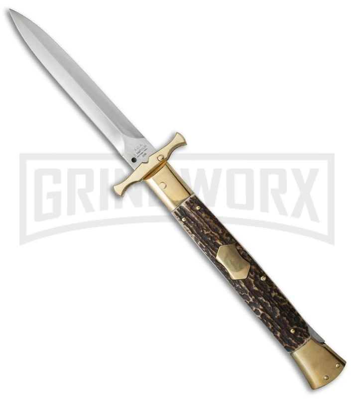 AGA Campolin 13" Stiletto Brass Bat Swinguard Stag Horn Automatic Knife - Dagger 1 AGA Campolin 13" Stiletto Brass Bat Swinguard Stag Horn Automatic Knife - Dagger