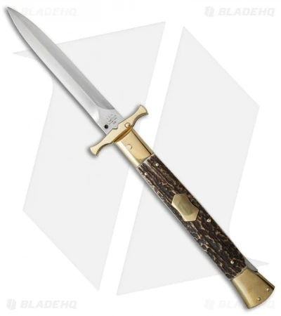 AGA Campolin 13" Bat Swinguard Automatic Knife Brass/Stag Horn (5.75" Dagger) 1 AGA Campolin 13" Bat Swinguard Automatic Knife Brass/Stag Horn (5.75" Dagger)