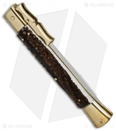 AGA Campolin 13" Bat Swinguard Automatic Knife Brass/Stag Horn (5.75" Dagger) 3 AGA Campolin 13" Bat Swinguard Automatic Knife Brass/Stag Horn (5.75" Dagger) - Image 3