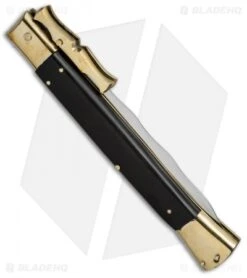 AGA Campolin 13" Bat Swinguard Automatic Brass/Ebony Wood (5.75" Satin Kriss) -Automatic Knives Shop aga 13in swing bat brass ebony kriss side cm