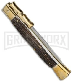AGA Campolin 13" Stiletto Brass Bat Swinguard Stag Horn Automatic Knife - Bayo -Automatic Knives Shop aga 13in swing bat stag bayo brass side cm large