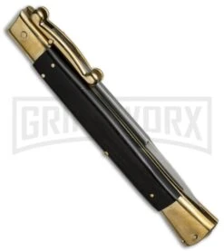 AGA Campolin 13" Stiletto Brass Swinguard Ebony Wood Automatic Knife - Bayonet -Automatic Knives Shop aga 13in swing brass ebony bayo side cm large