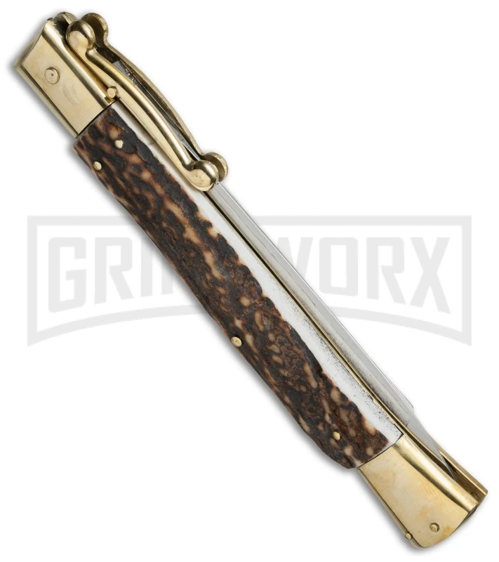AGA Campolin 13" Stiletto Brass Swinguard Stag Horn Automatic Knife - Dagger 3 AGA Campolin 13" Stiletto Brass Swinguard Stag Horn Automatic Knife - Dagger - Image 3