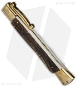 AGA Campolin 13" Swinguard Automatic Knife Brass/Stag Horn (5.75" Satin Kriss) -Automatic Knives Shop aga 13in swing stag kriss brass side cm