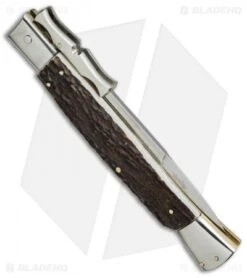 AGA Campolin 13" Bat Swinguard Automatic Knife Stag Horn (5.75" Satin Bayo) -Automatic Knives Shop aga campolin 13in bat swinguard stag side cm