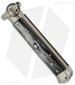 AGA Campolin 9" Francese Ring Pull Automatic Knife Dark Horn (3.7" Satin Flat) -Automatic Knives Shop aga campolin francese engraved dark bottom cm