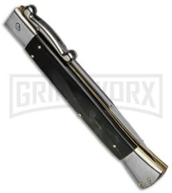 AGA Campolin 13" Dark Horn Italian Swinguard - Satin Bayo -Automatic Knives Shop aga campolin stiletto 13in swing dark horn bayo BP 5222 dl side large