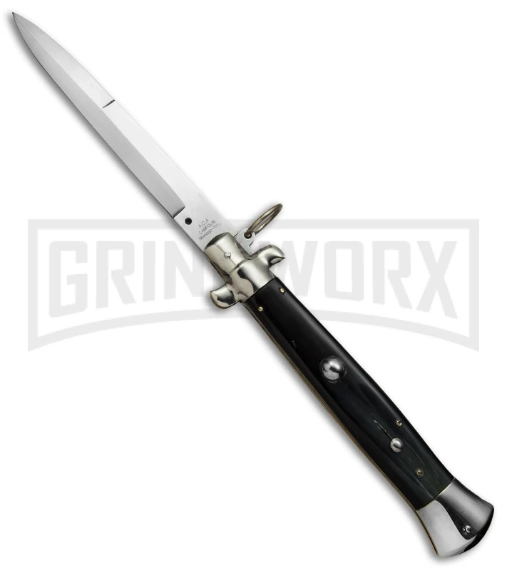 A.G.A. Campolin 15" Italian Stiletto Dark Horn Ring Pull Automatic Knife - Bayo 1 A.G.A. Campolin 15" Italian Stiletto Dark Horn Ring Pull Automatic Knife - Bayo